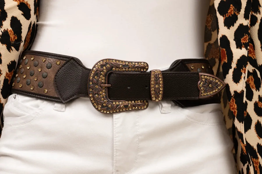 Rhinestone & Metal Studded Wide Leather Belt