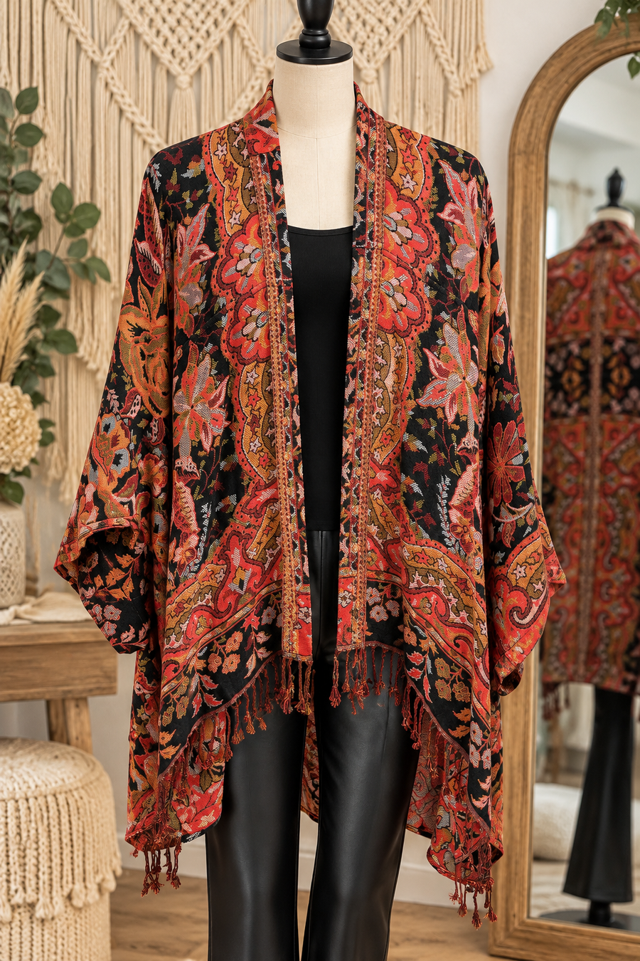 Bohemian Tapestry Kimono Jacket with Fringe