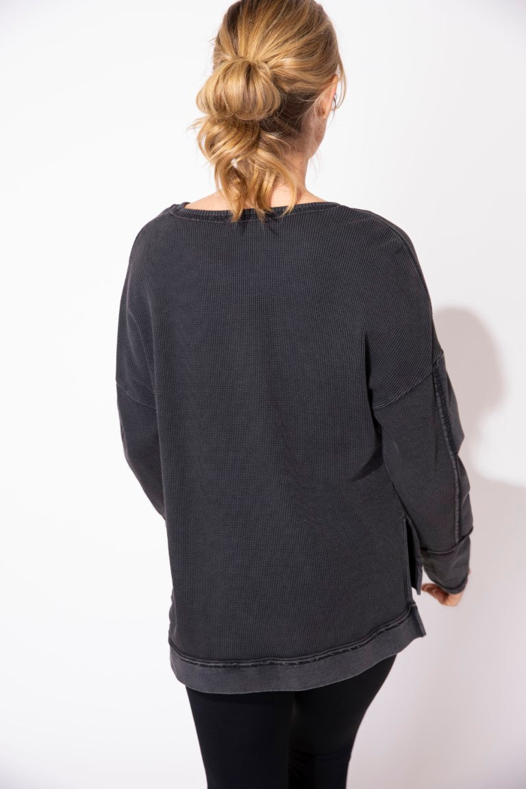 Waffle Knit Boxy Thermal Top in Black by Escape