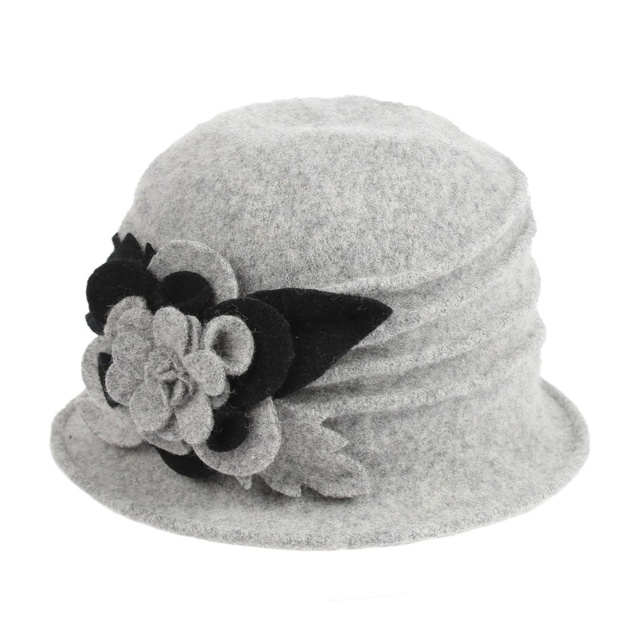 Boiled Wool Pleated Hat with Floral Detail