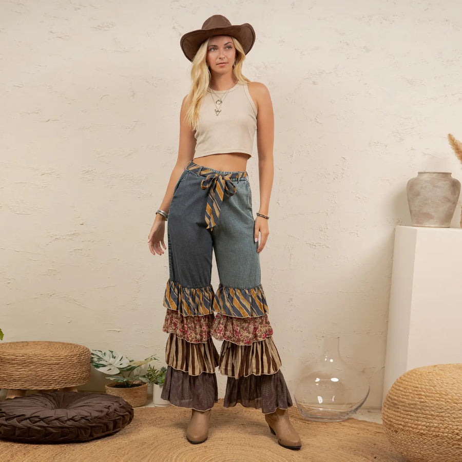 Mixed Print Ruffle Flare Pants by Young Threads Robin Boutique