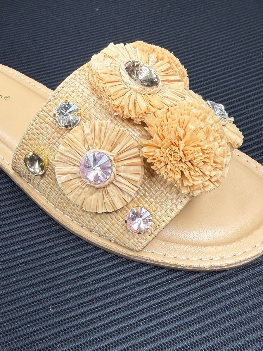 Raffia Embellished Sandal Slide Flats Robin Boutique