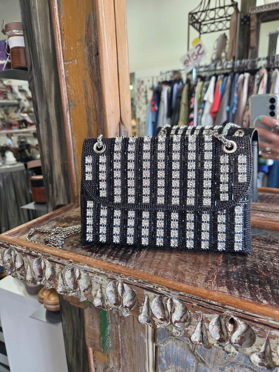 Front of Black Rhinestone Evening Bag Robin Boutique