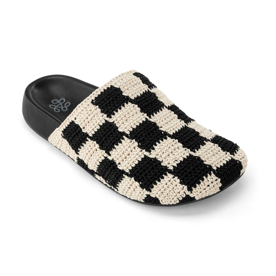 Bolinas Crochet Clog by The Sak in Black Check, a two-tone black check hand-crocheted backless clog with a leather footbed – view 3 -Robin Boutique
