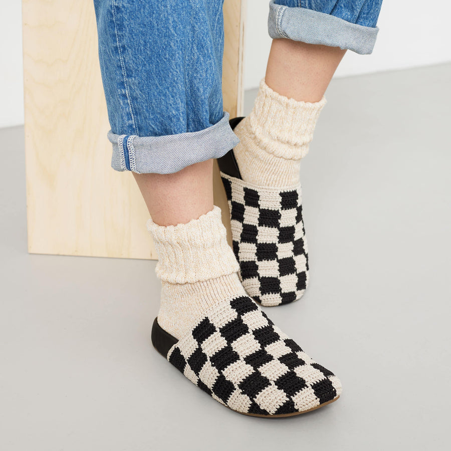 Bolinas Crochet Clog by The Sak in Black Check, a two-tone black check hand-crocheted backless clog with a leather footbed – view 2 -Robin Boutique