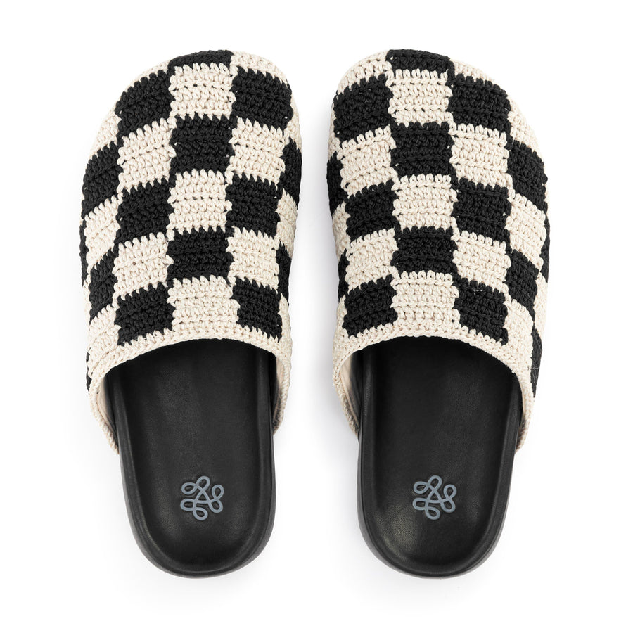Bolinas Crochet Clog by The Sak in Black Check, a two-tone black check hand-crocheted backless clog with a leather footbed -Robin Boutique