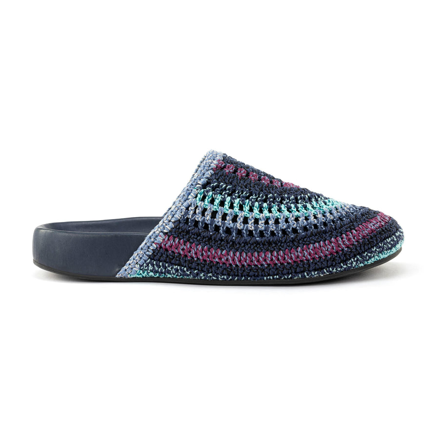Bolinas Crochet Clog by The Sak in Lapis Stripe, a cool-toned rainbow-striped hand-crocheted backless clog with a leather footbed – view 4 -Robin Boutique