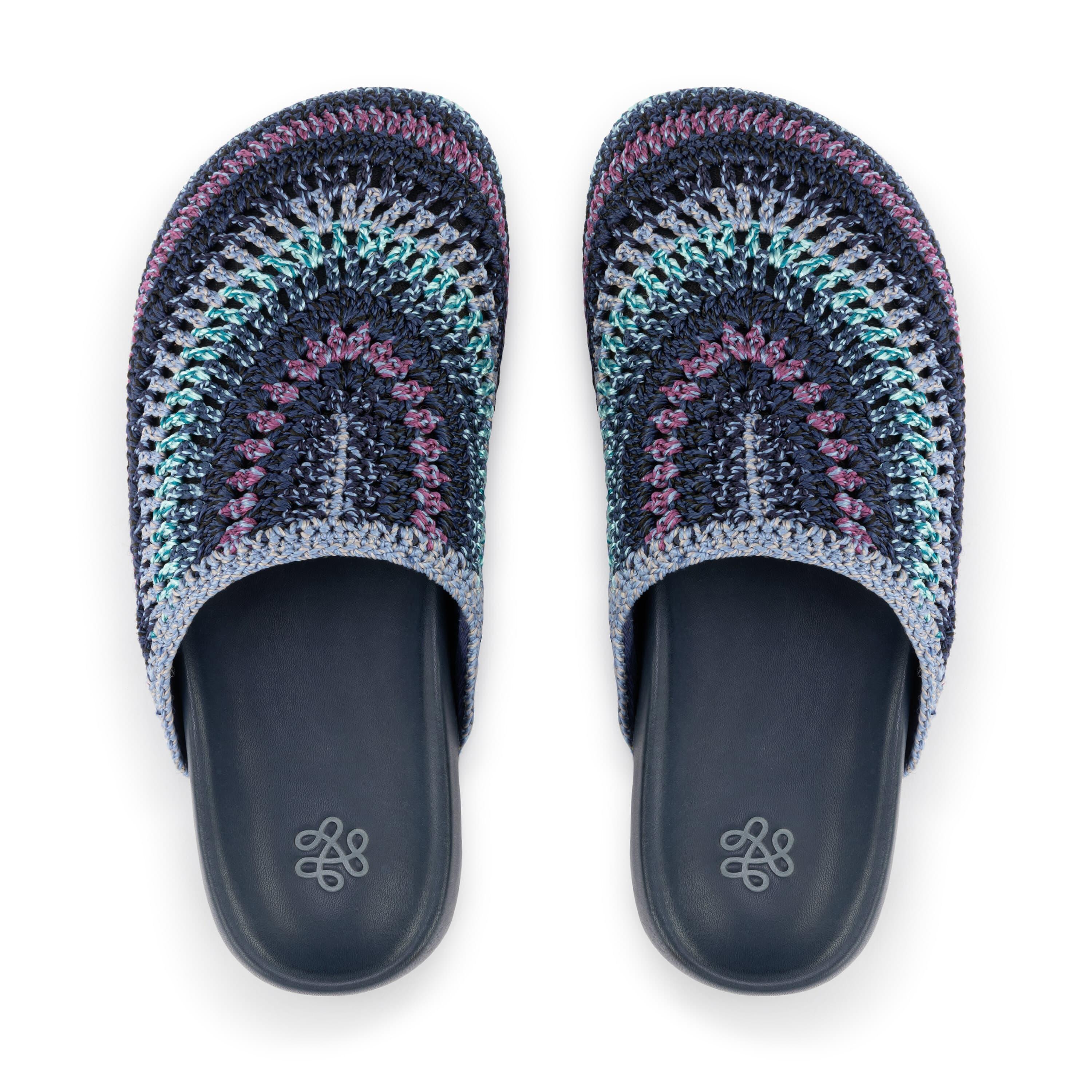 Bolinas Crochet Clog by The Sak in Lapis Stripe, a cool-toned rainbow-striped hand-crocheted backless clog with a leather footbed -Robin Boutique