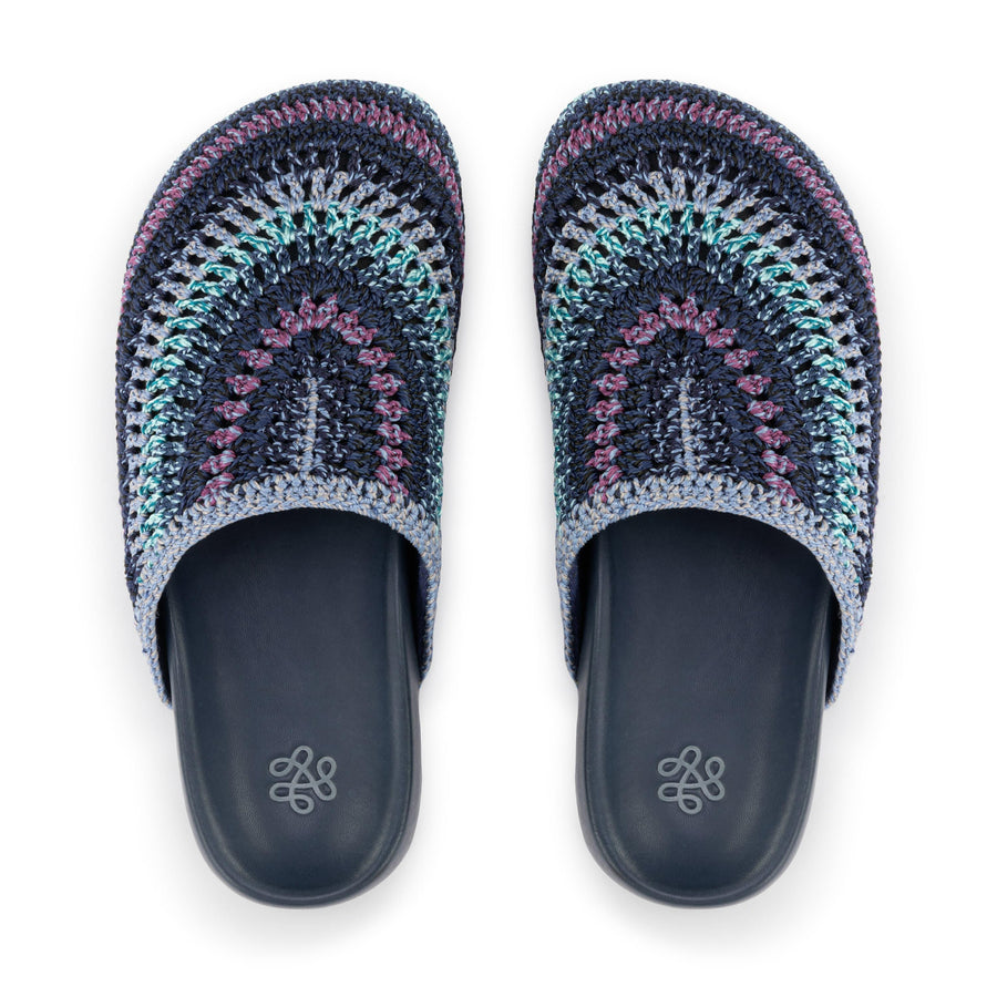 Bolinas Crochet Clog by The Sak in Lapis Stripe, a cool-toned rainbow-striped hand-crocheted backless clog with a leather footbed -Robin Boutique