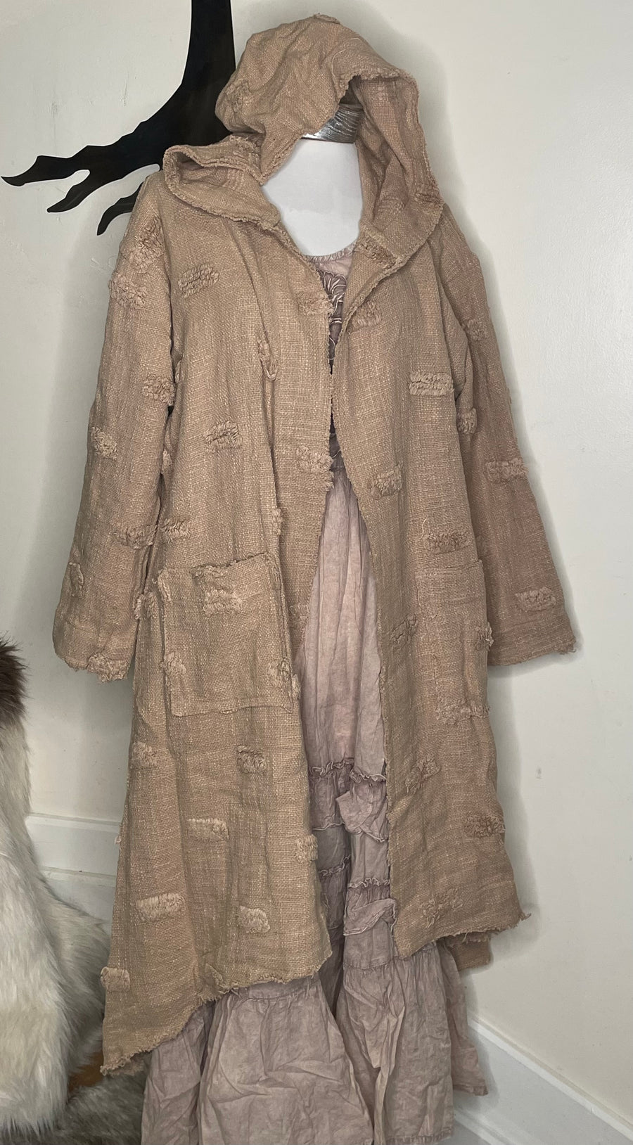 Cotton Open Knit Hooded Texture Duster with Raw Edges by Paper Lace