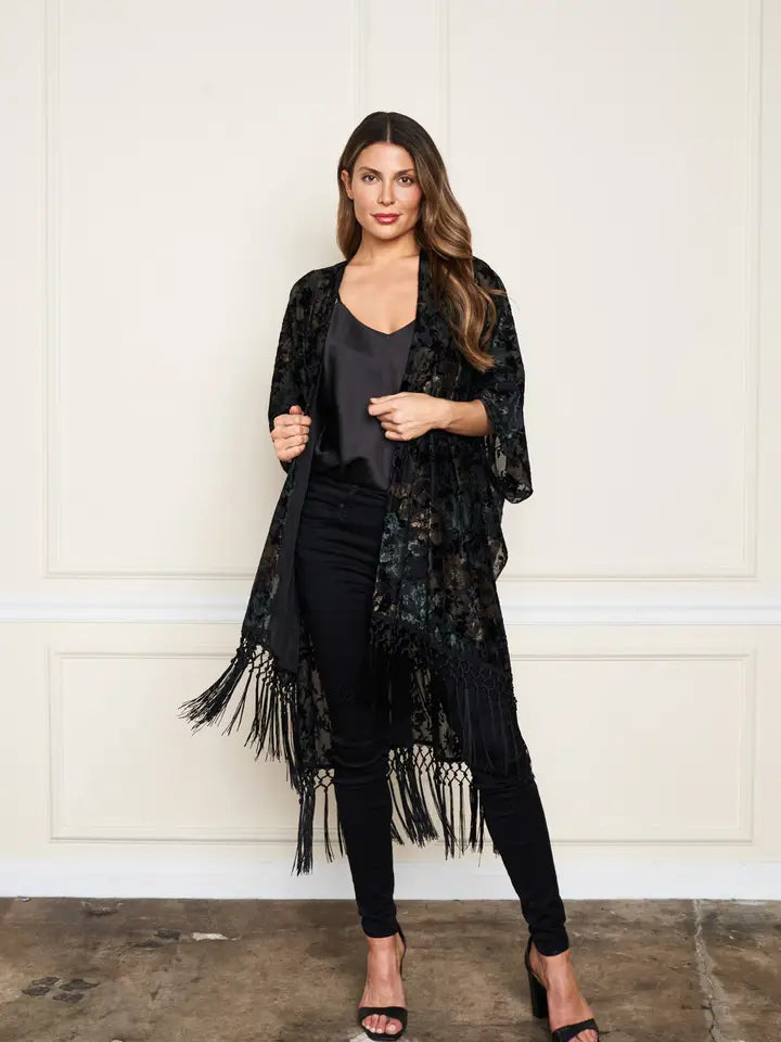 Burnout Velvet Fringe Kimono by Paparazzi