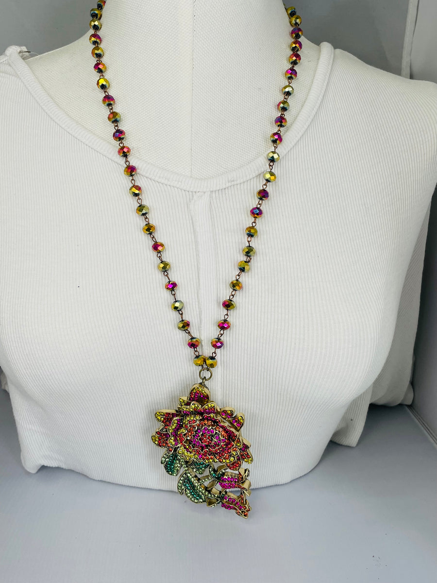 Rhinestone  Rainbow Rose Necklace by Gina