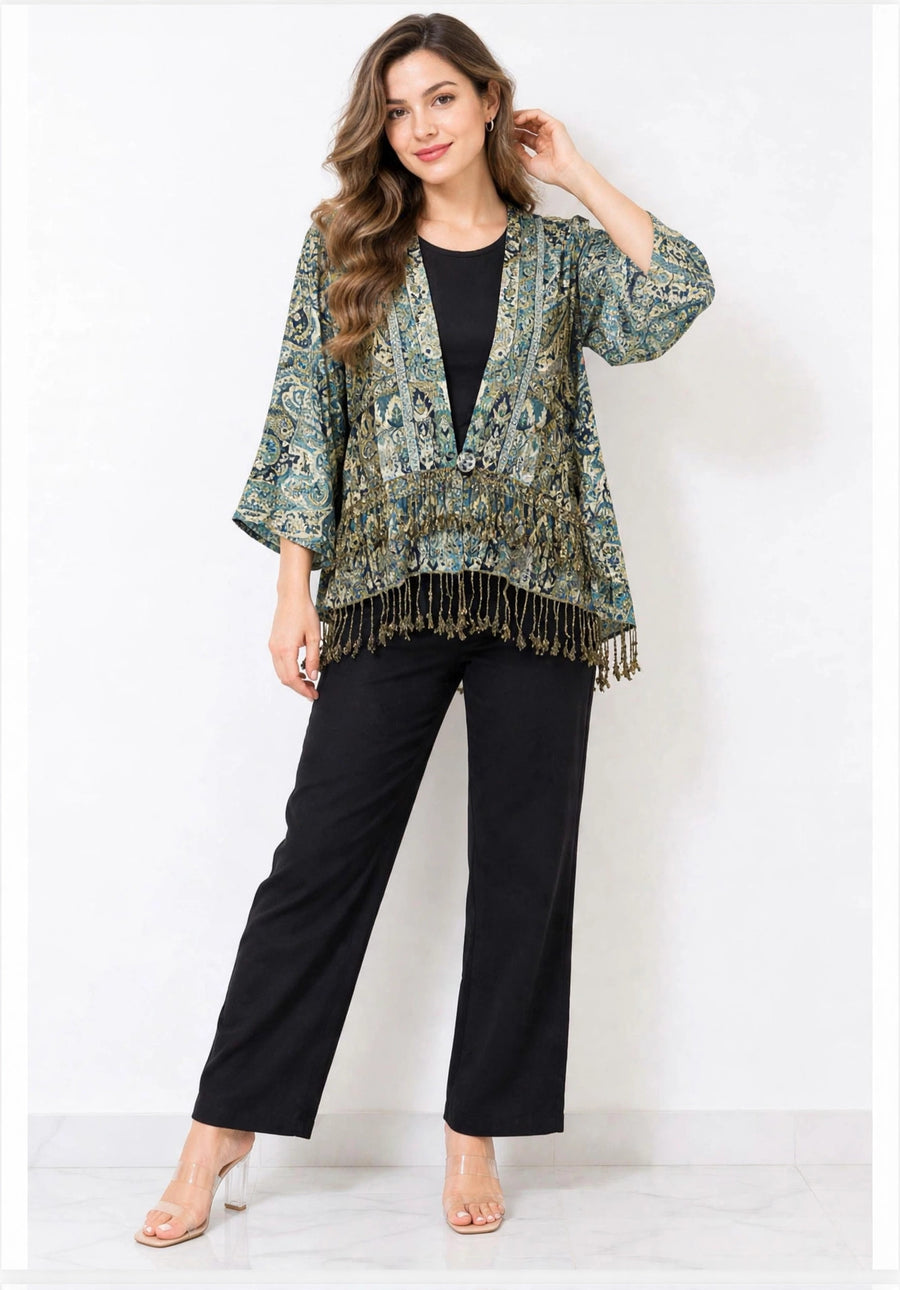 Reversible Tapestry Fringe Short Jacket