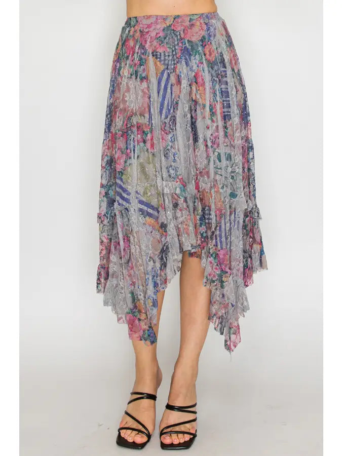 All-Sparkly Romantic Lace Skirt in Bold Floral by Origami Robin Boutique