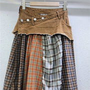 Spliced Plaid Denim High Waist A-Line Midi Skirt Robin Boutique