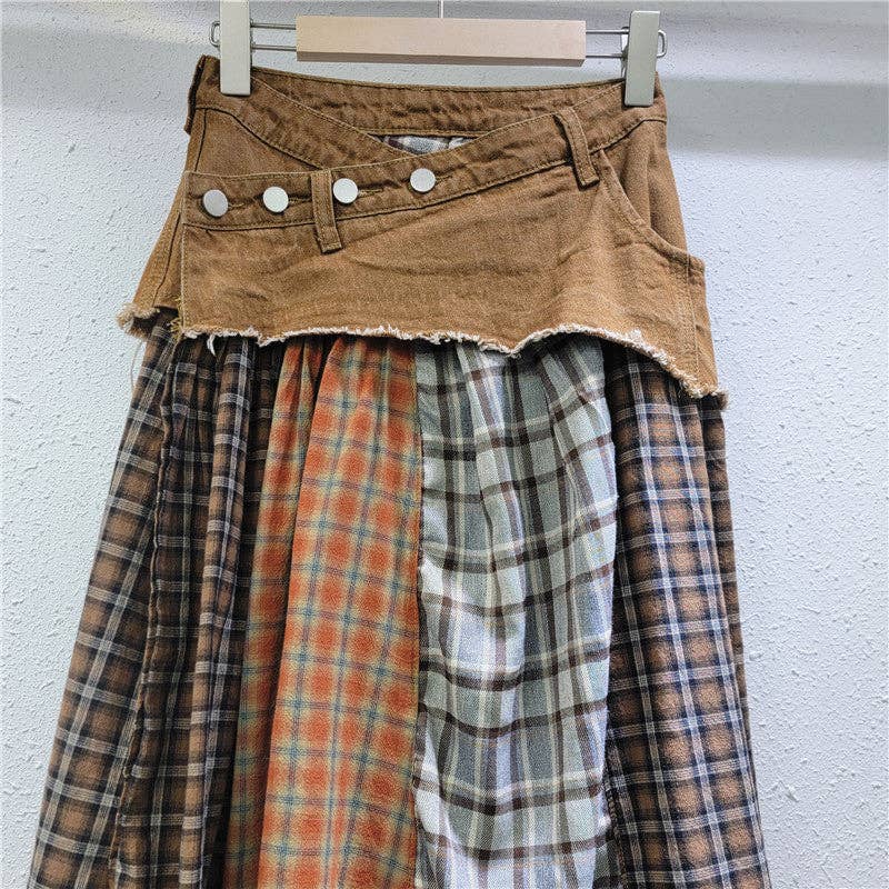 Spliced Plaid Denim High Waist A-Line Midi Skirt Robin Boutique