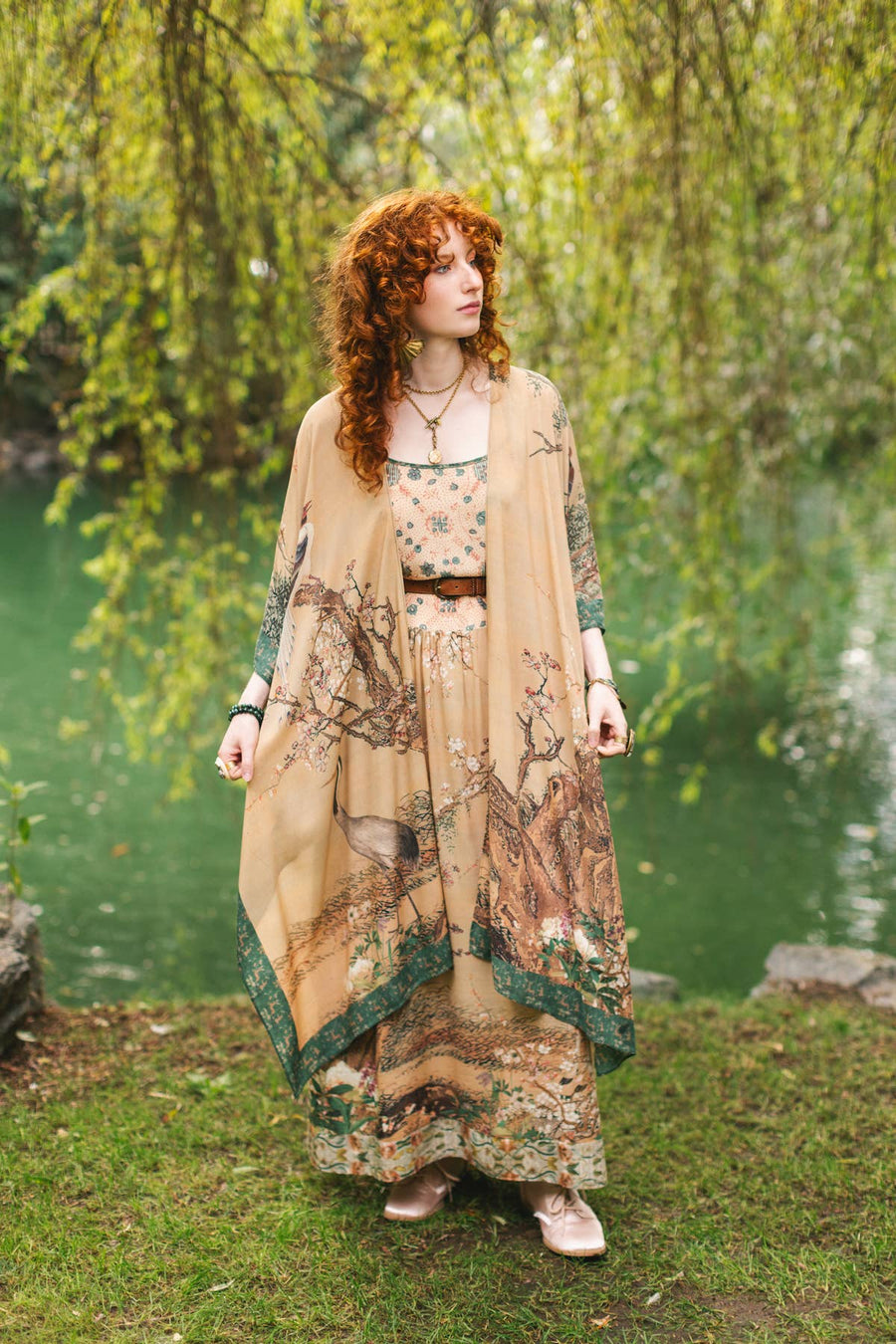 Additional view of Fable Bohéme Long Maxi Slip Dress with Blossoms, Deer & Moon from Robin Boutique.