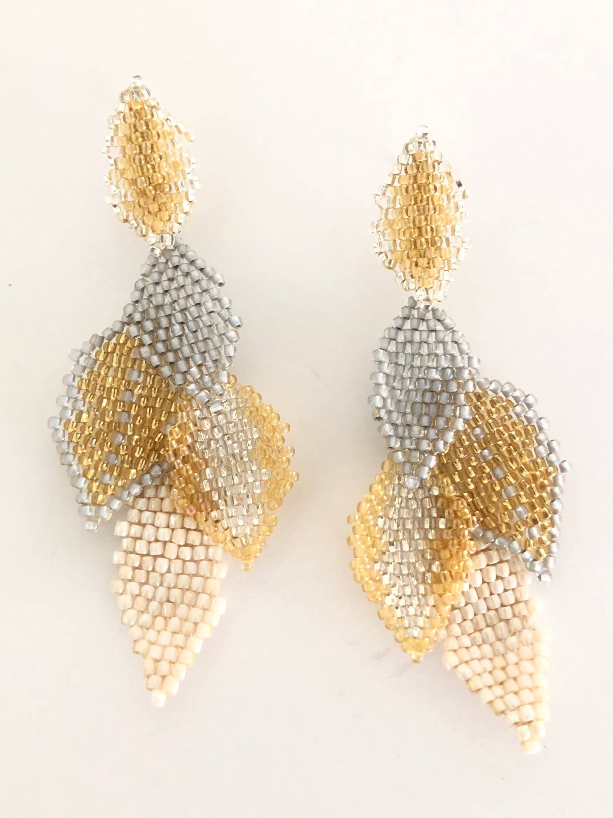 Statement Earring with 5 Beaded Leaves -Sand- gold, silver and ivory Robin Boutique