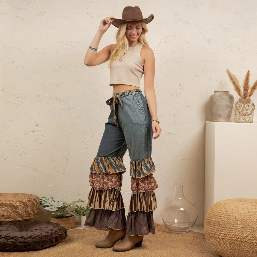 Mixed Print Ruffle Flare Pants by Young Threads Robin Boutique