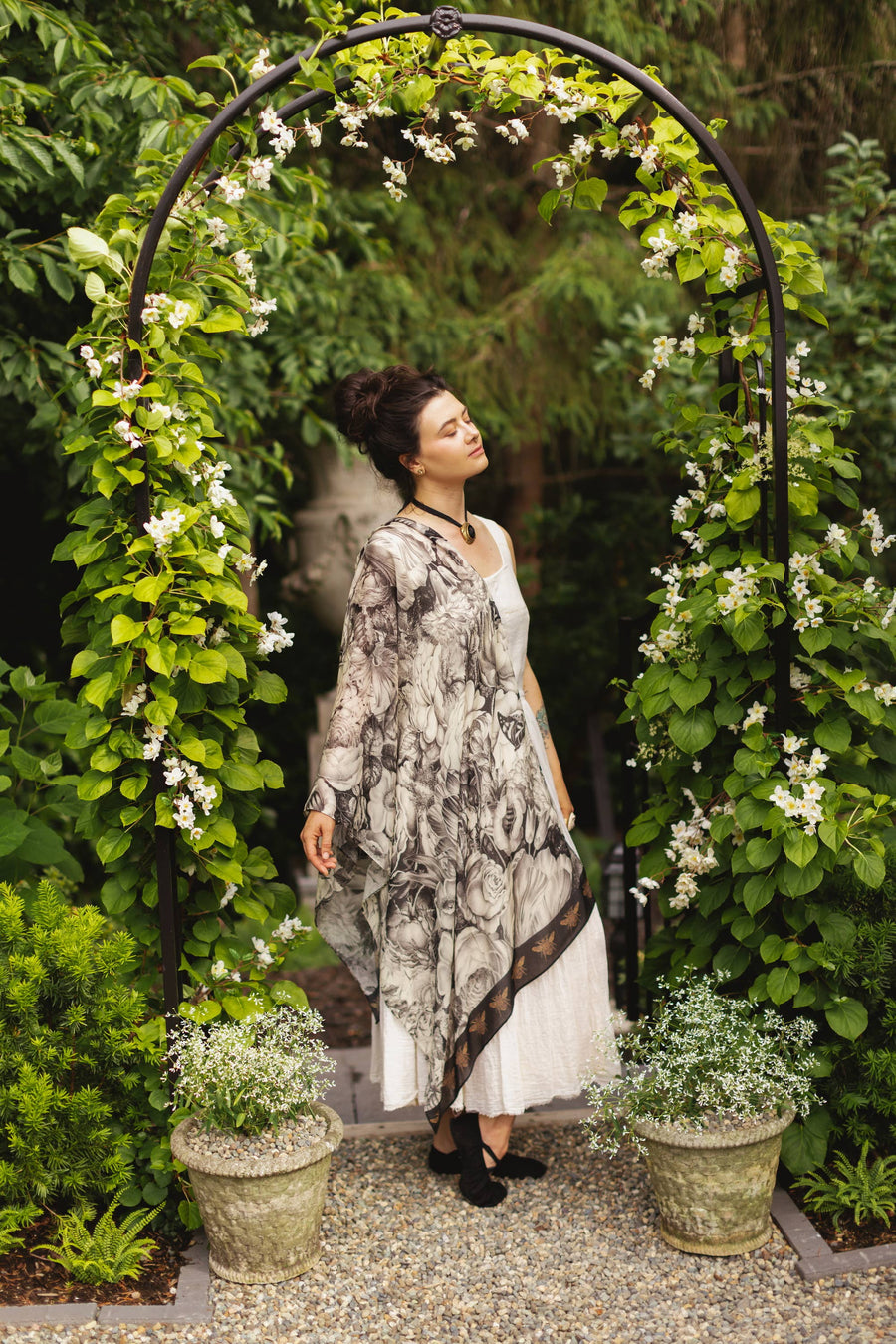 Honey & The Moon Scarf with Neutral Floral Print & Bees