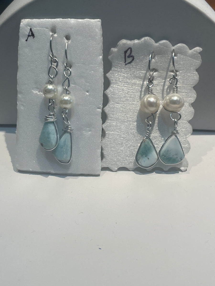 Larimar & Pearl Tear Drop Earrings