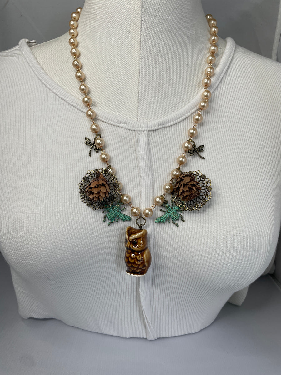 Dragonflies, Bees, and Owl Necklace by Gina