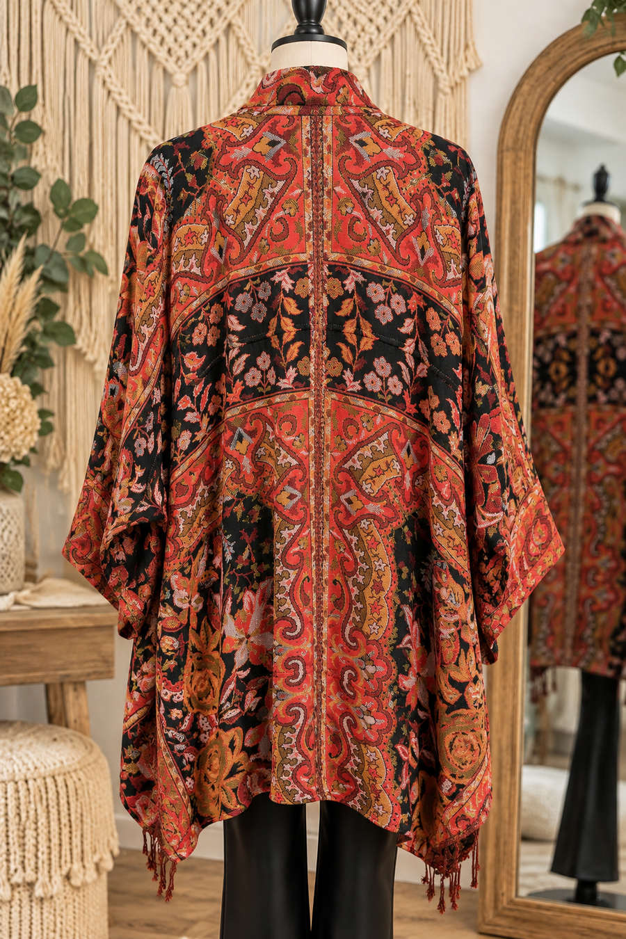 Bohemian Tapestry Kimono Jacket with Fringe