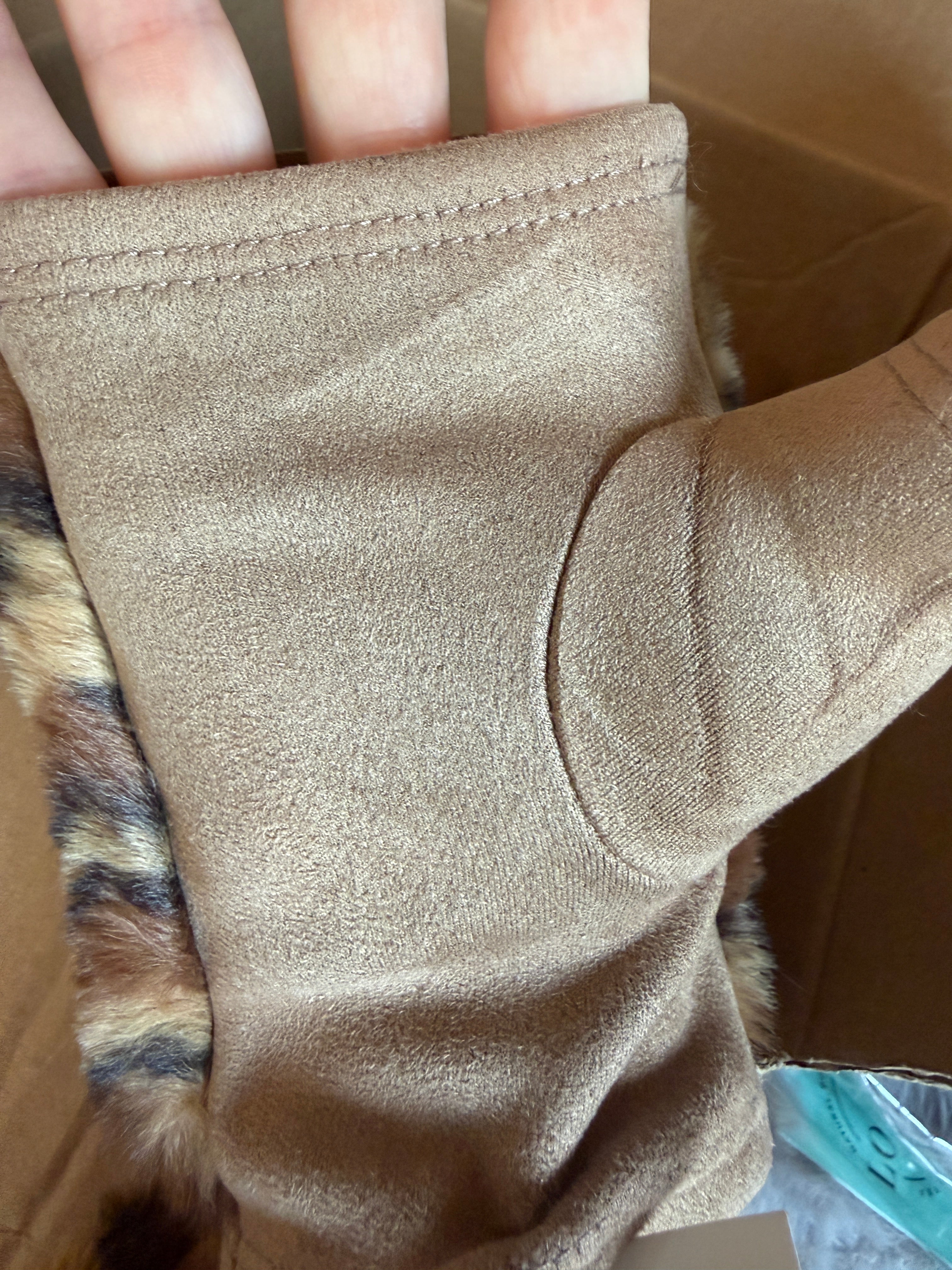 Animal Print Fingerless Fake Fur Gloves in Taupe back side Robin Boutique
