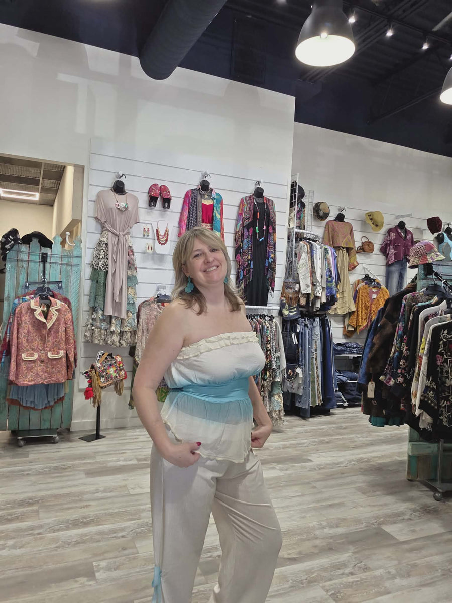 Strapless Ruffled Blouse in Ocean by IPNG Design