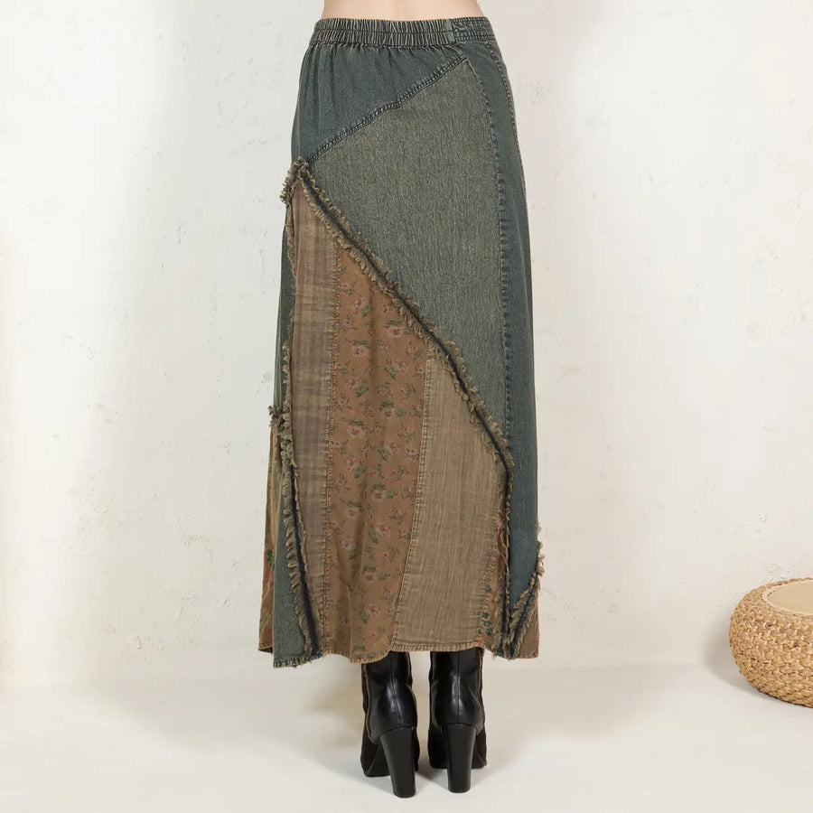 Western Boho Patch Denim Skirt by Young Threads Robin Boutique