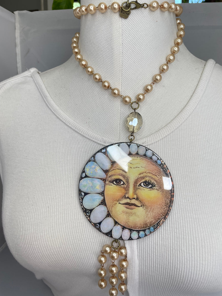 Long Pearl Crystal Moon Button Necklace by Gina