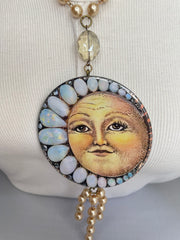 Long Pearl Crystal Moon Button Necklace by Gina