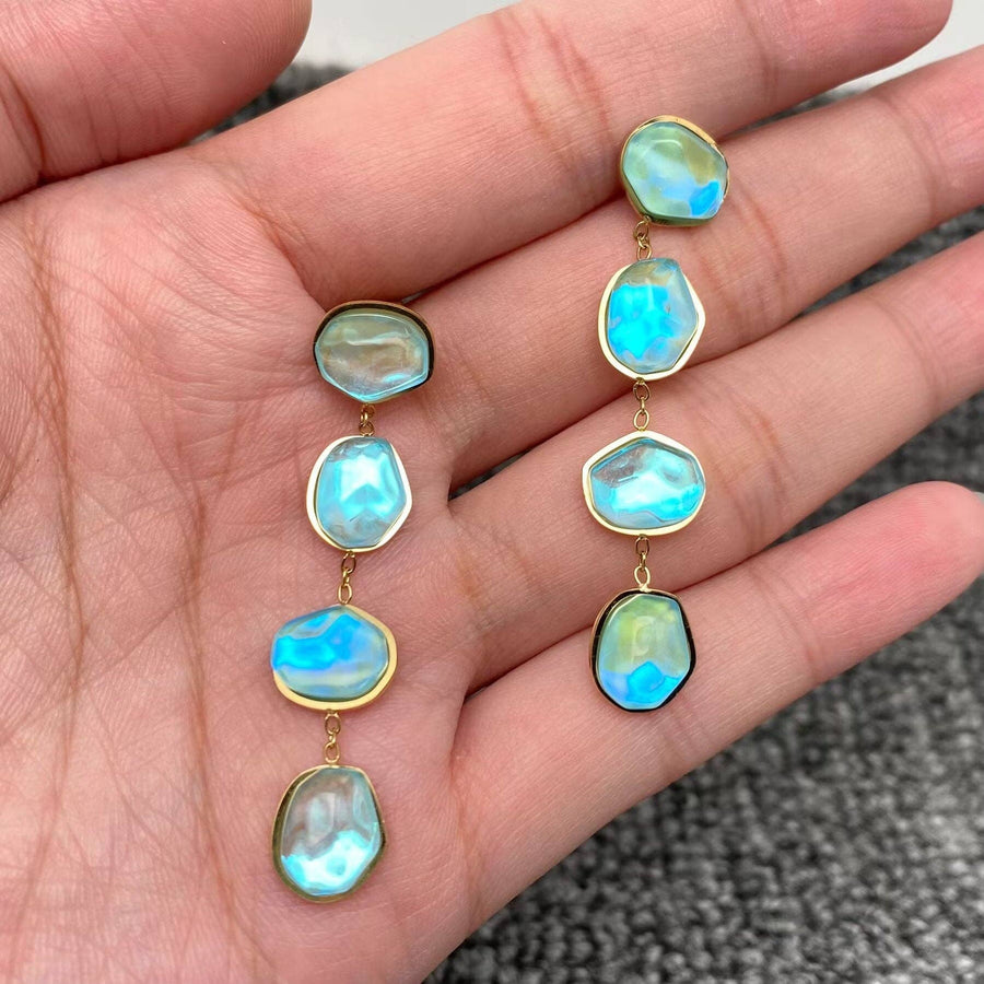 Irregular Blue Acrylic Linked 18K Golden SS Earrings