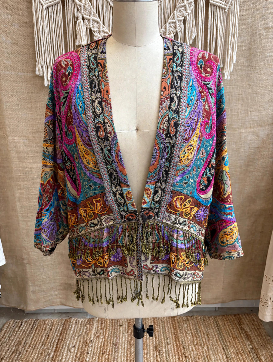 Embroidered Reversible Tapestry Fringe Short Jacket