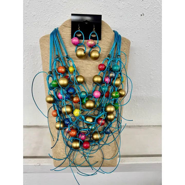 Turquoise Wood Bead Mix Necklace Set