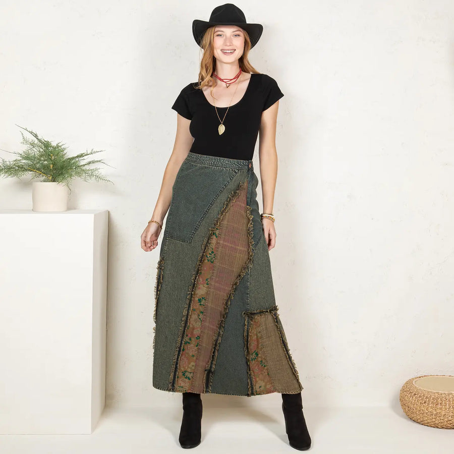 Western Boho Patch Denim Skirt by Young Threads Robin Boutique