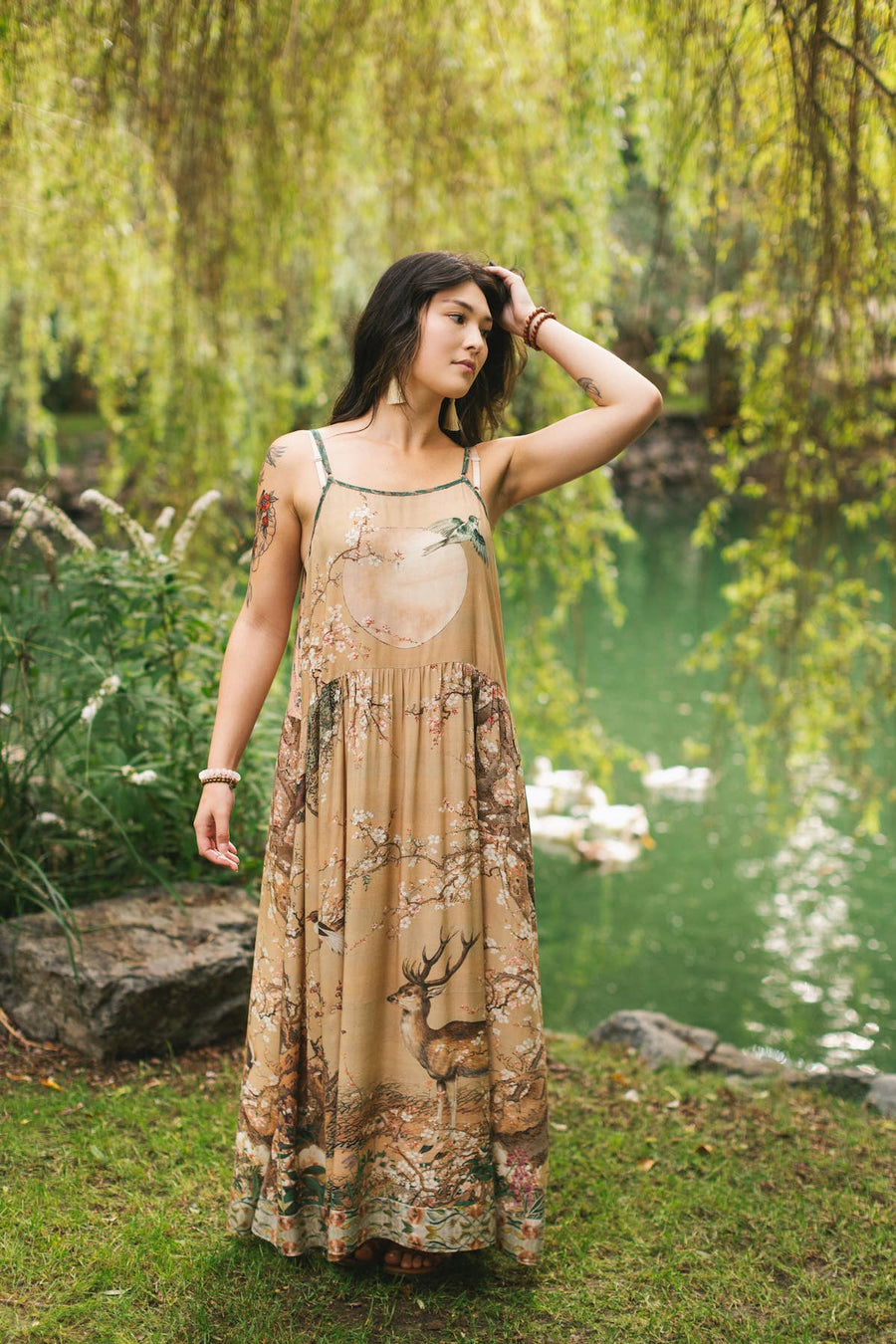 Additional view of Fable Bohéme Long Maxi Slip Dress with Blossoms, Deer & Moon from Robin Boutique.