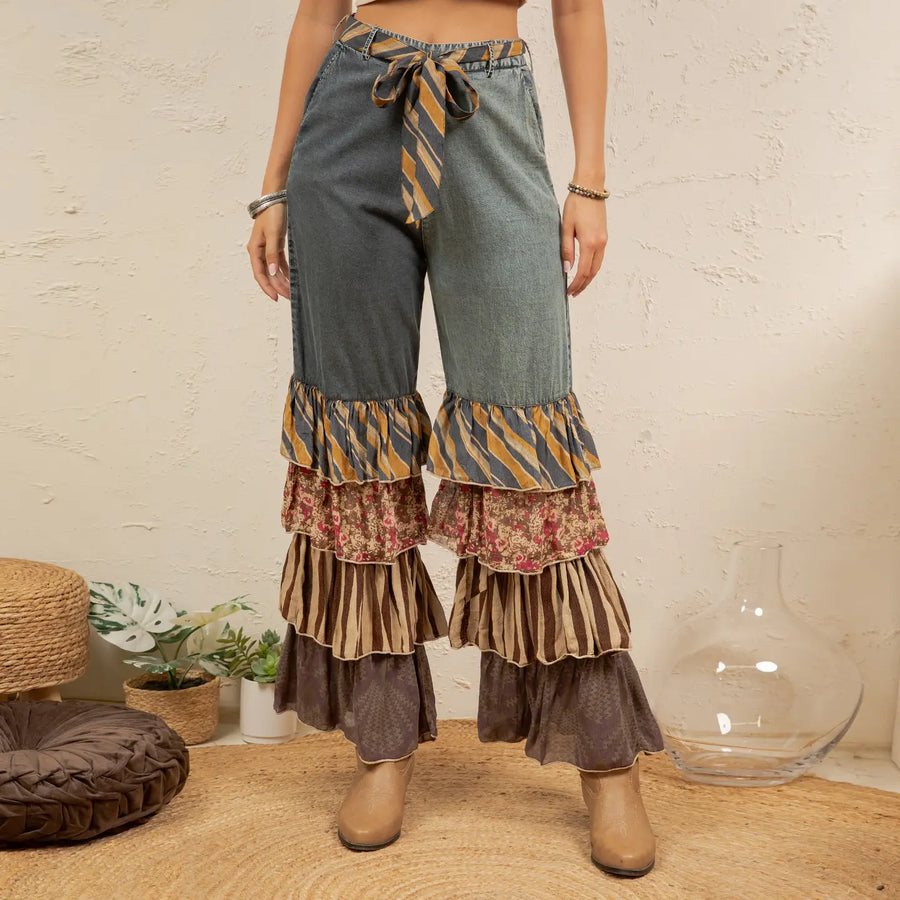 Mixed Print Ruffle Flare Pants by Young Threads Robin Boutique