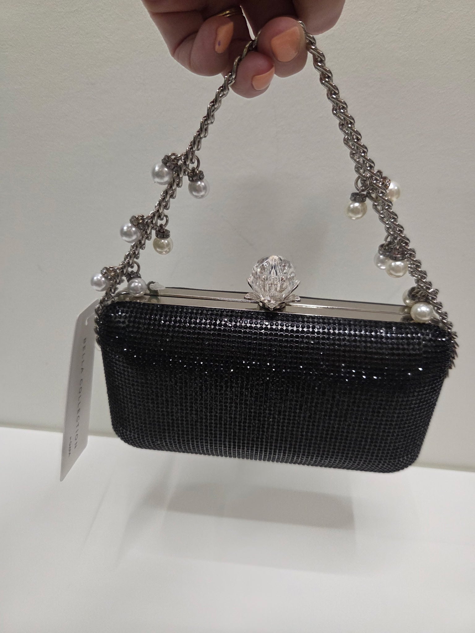 Jet Rhinestone Evening Bag with Pearl and Rhinestone Handle Robin Boutique