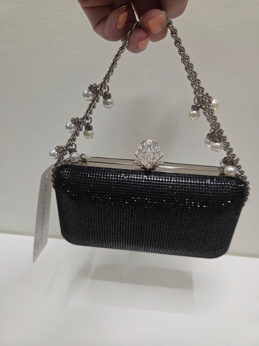 Jet Rhinestone Evening Bag with Pearl and Rhinestone Handle Robin Boutique