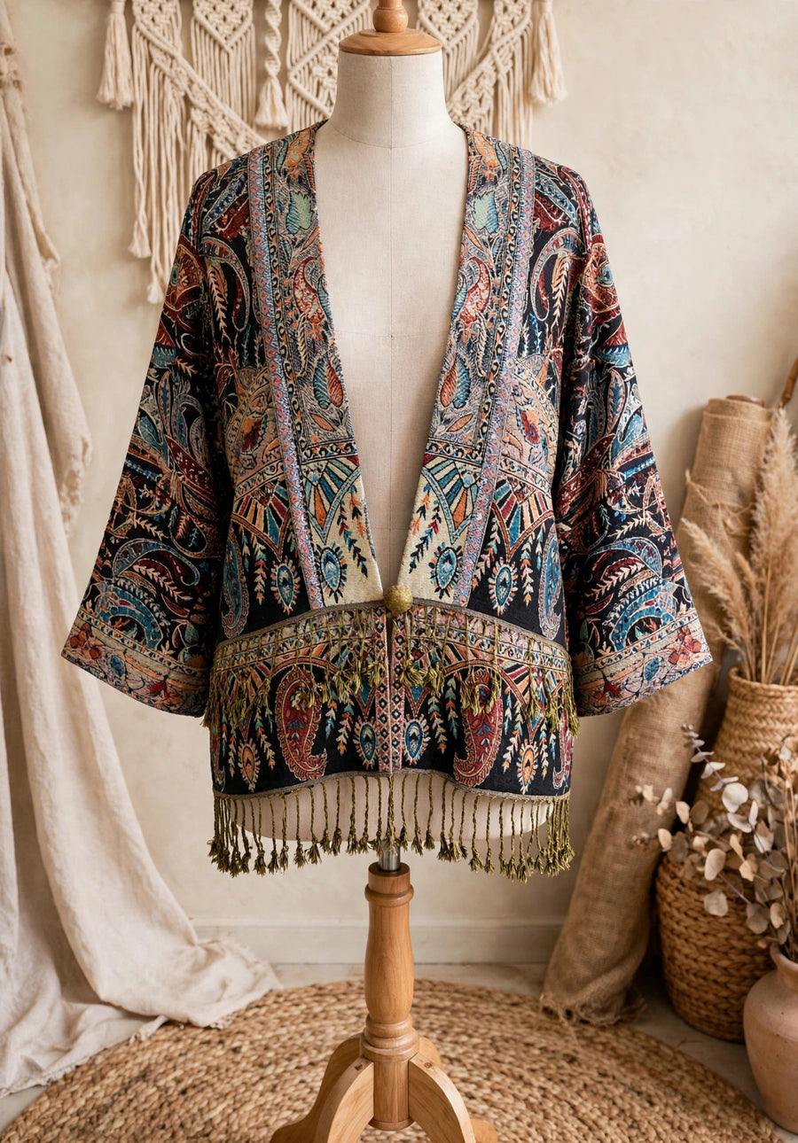 Reversible Tapestry Fringe Short Jacket