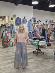 Printed Lace Denim Palazzo Pants by Davi & Dani