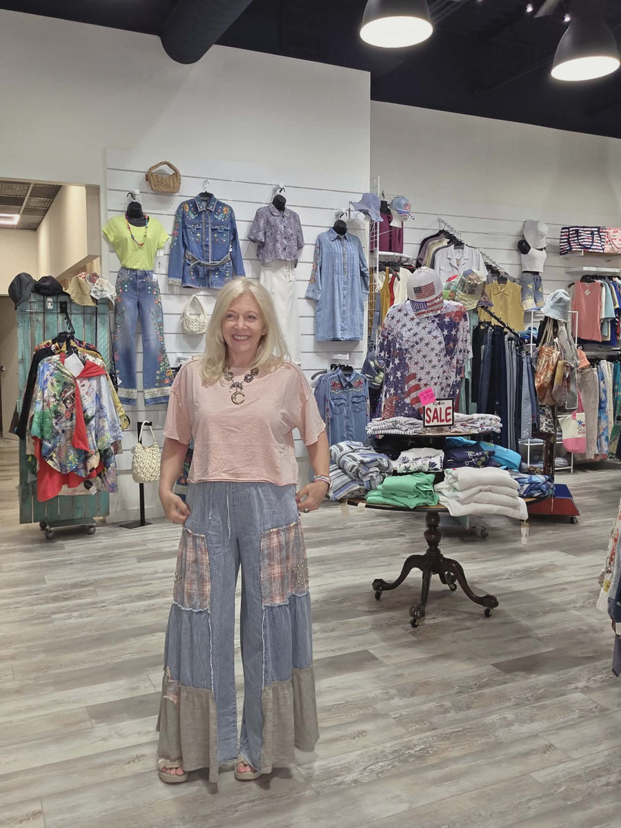 Printed Lace Denim Palazzo Pants by Davi & Dani