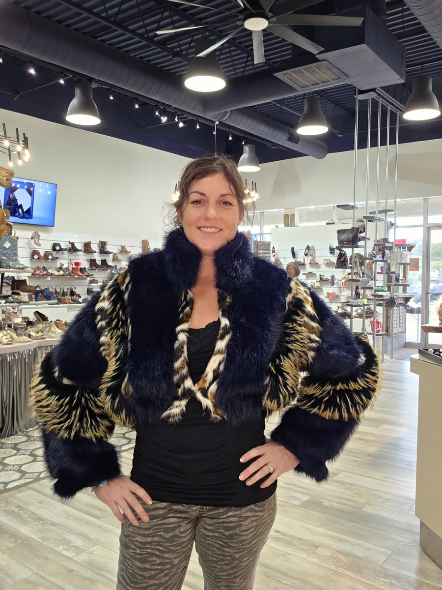 CHIARA-NAVY CROPPED FAUX FUR JACKET by Azalea Wang Robin Boutique