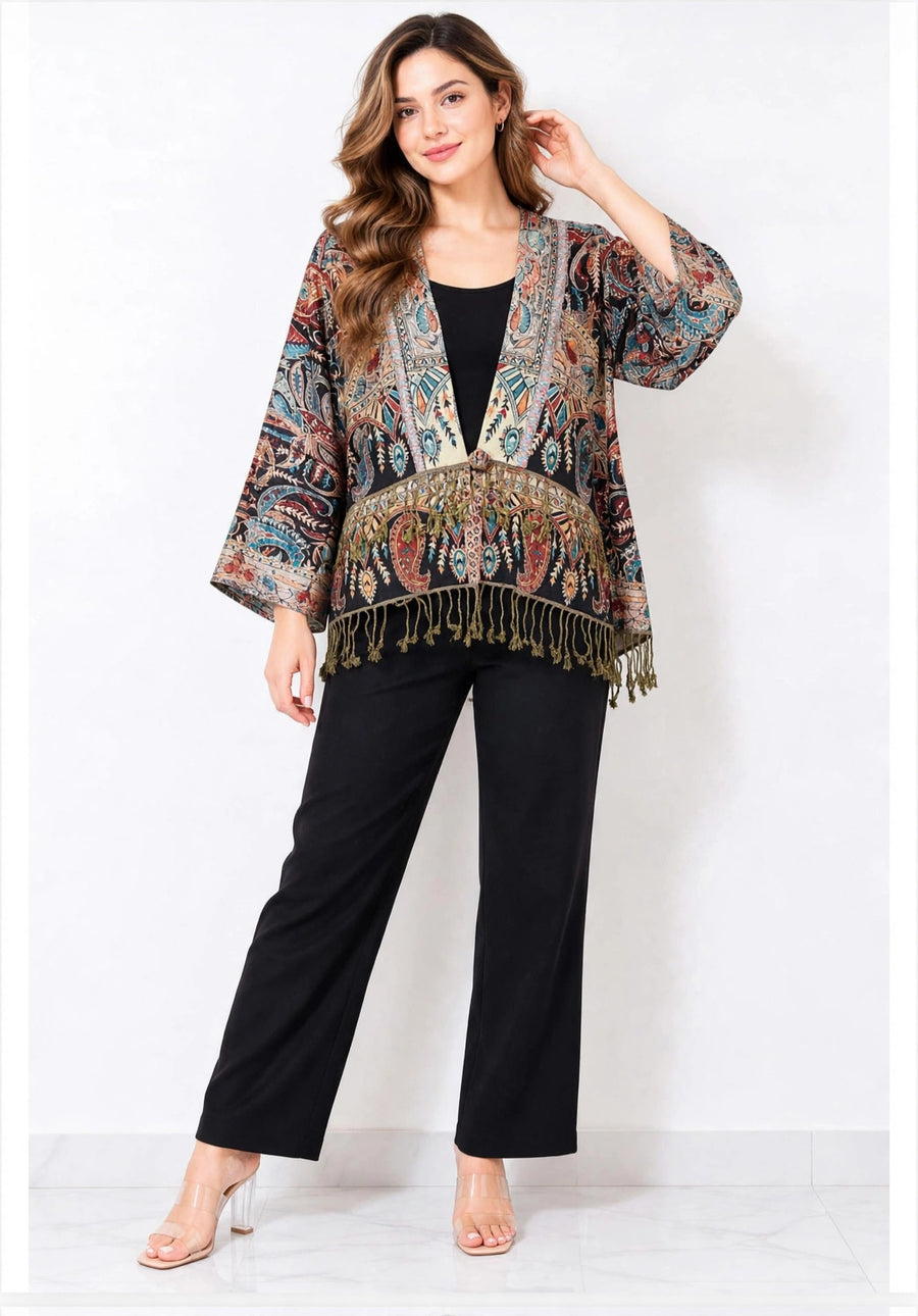 Reversible Tapestry Fringe Short Jacket