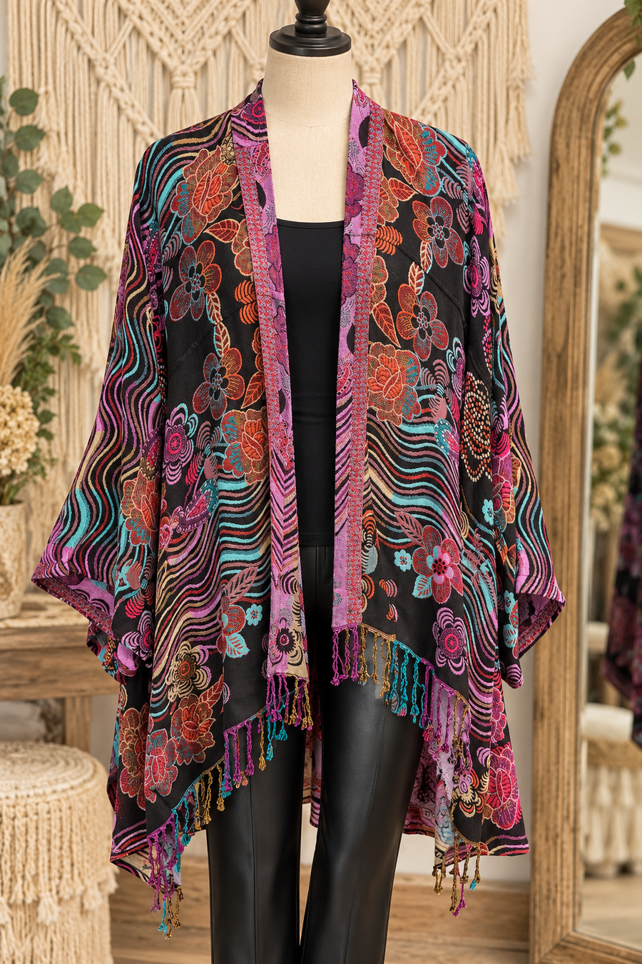 Bohemian Tapestry Kimono Jacket with Fringe