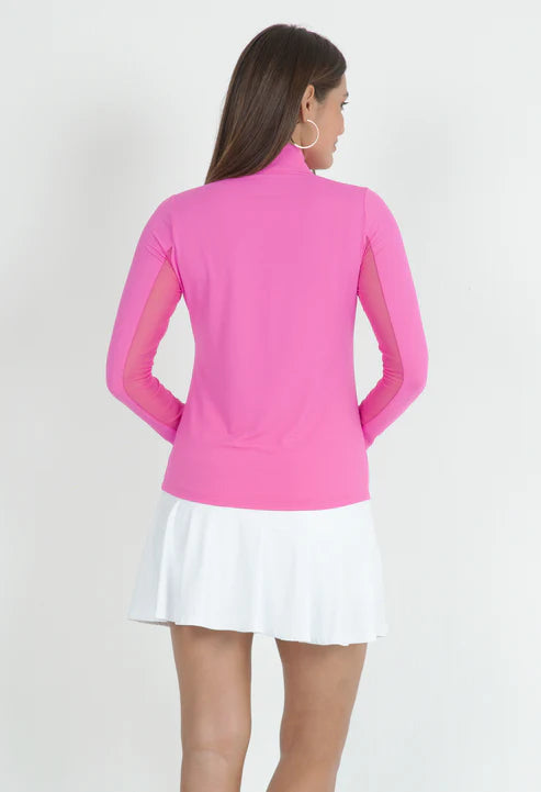 Long Sleeve Mock Neck Polo in Raspberry