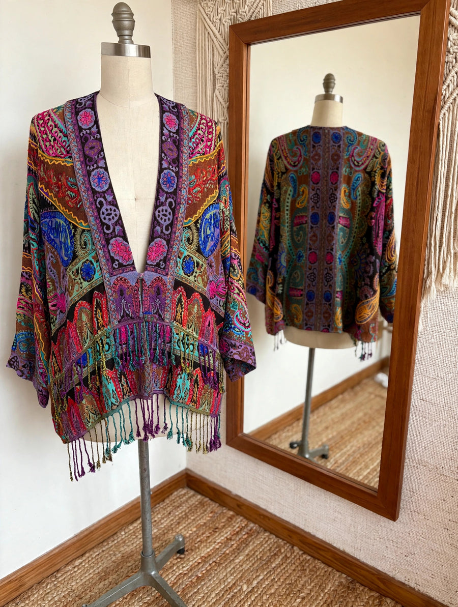 Embroidered Reversible Tapestry Fringe Short Jacket