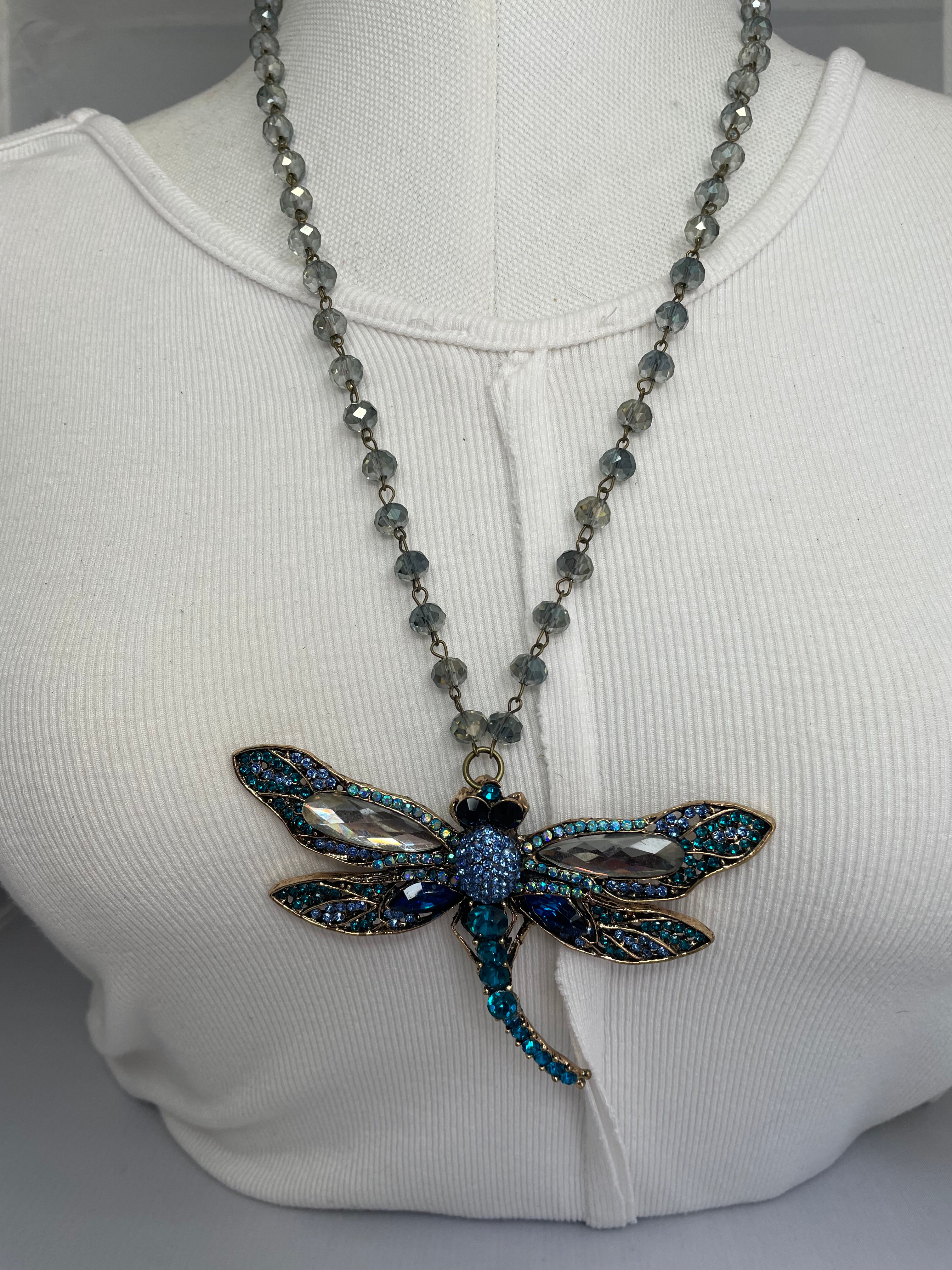 Rhinestone Blue Dragonfly Necklace by Gina