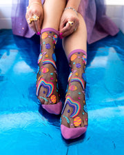 Pop Art Planets Black Sheer Crew Sock Robin Boutique